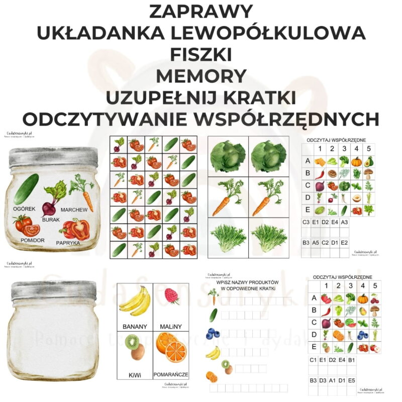 Zestaw: Układanka lewopółkulowa -Zaprawy warzywa i owoce, kodowanie, krzyżówki, fiszki PDF
