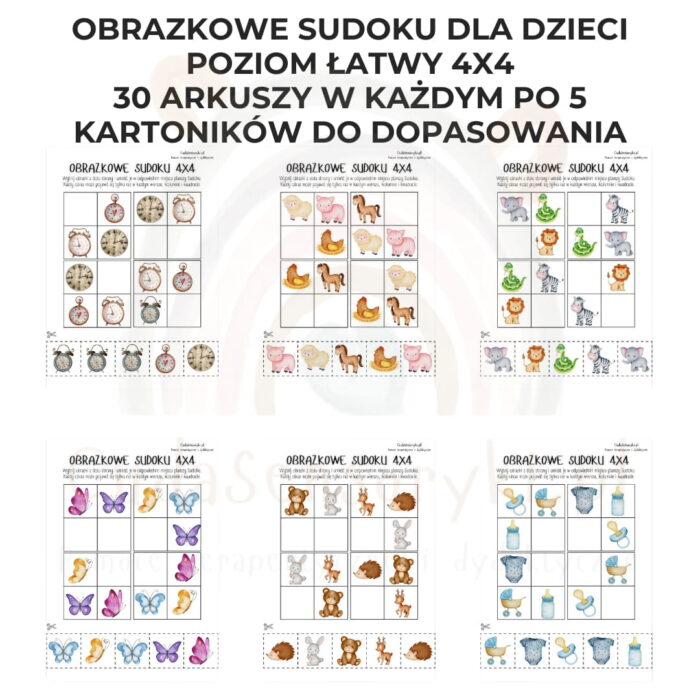 Obrazkowe sudoku dla dzieci poziom łatwy 4x4 PDF do wydruku