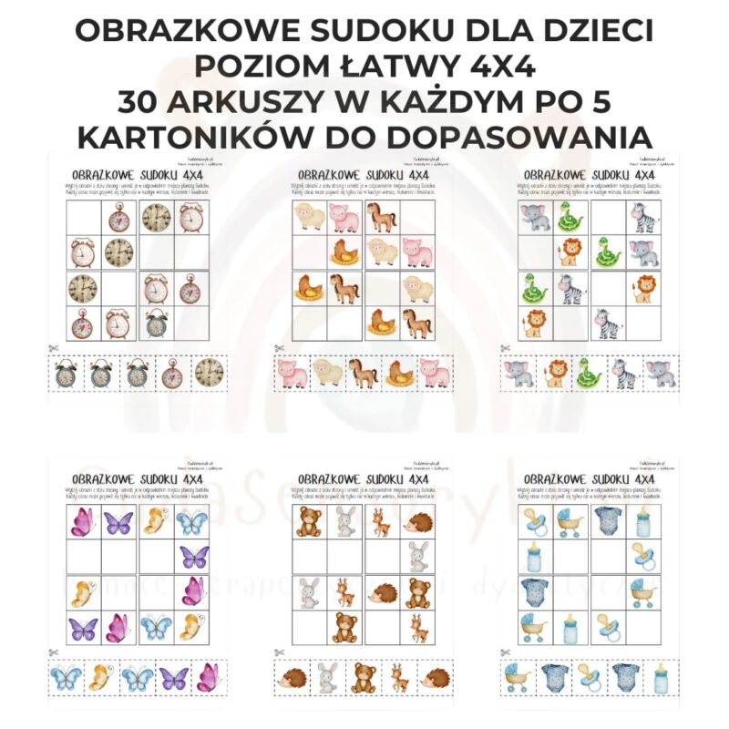 Obrazkowe sudoku dla dzieci poziom łatwy 4x4 PDF do wydruku