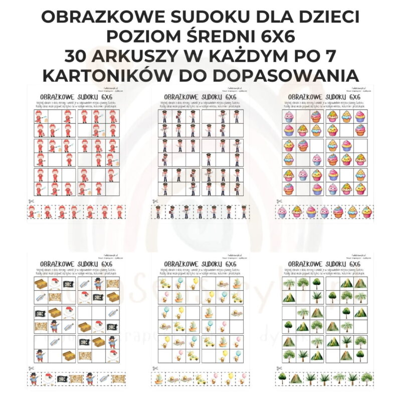 Obrazkowe sudoku dla dzieci poziom średni 6x6 PDF do wydruku
