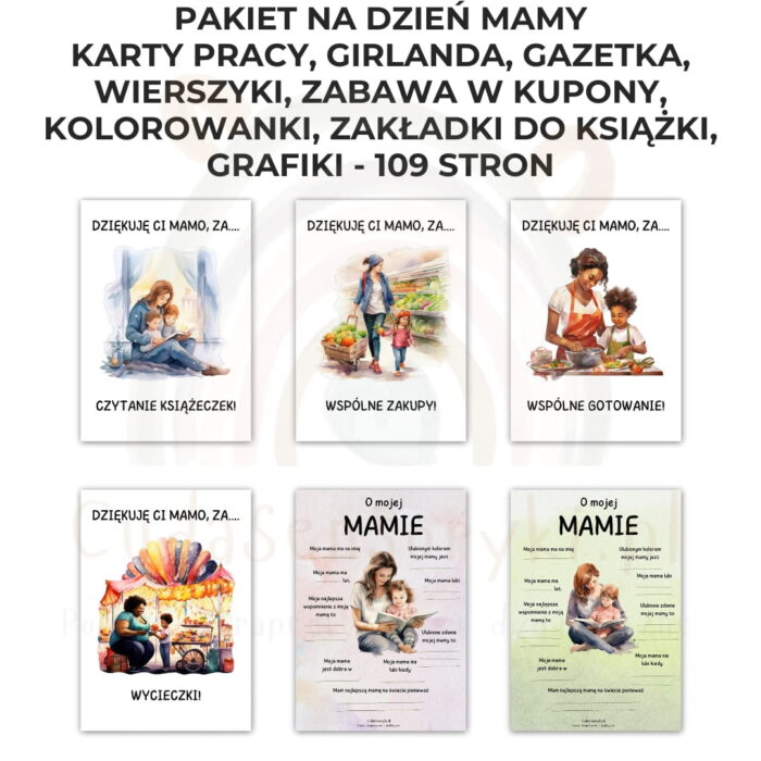 Pakiet Dzień Mamy PDF: girlanda, kolorowanki, karty pracy, kupony, wierszyki, zakładki i inne