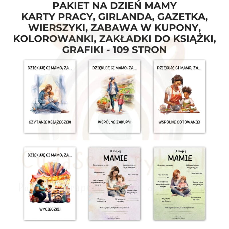 Pakiet Dzień Mamy PDF: girlanda, kolorowanki, karty pracy, kupony, wierszyki, zakładki i inne