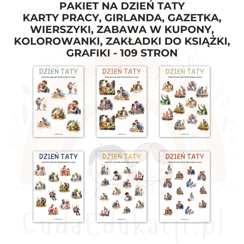 Pakiet Dzień Taty PDF: girlanda, kolorowanki, karty pracy, kupony, wierszyki, zakładki i inne
