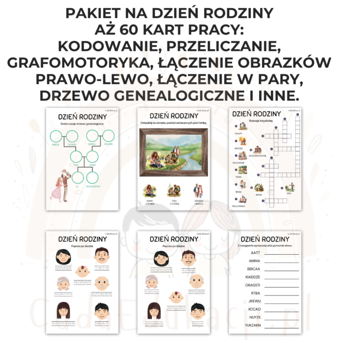 Dzień Rodziny PDF: Karty pracy, zestawy ćwiczeń, kostka do gry, puzzle, dopasowywanie, liczenie, łączenie