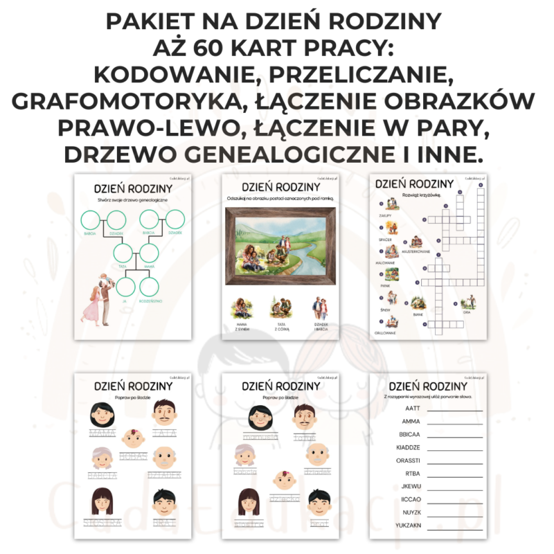Dzień Rodziny PDF: Karty pracy, zestawy ćwiczeń, kostka do gry, puzzle, dopasowywanie, liczenie, łączenie
