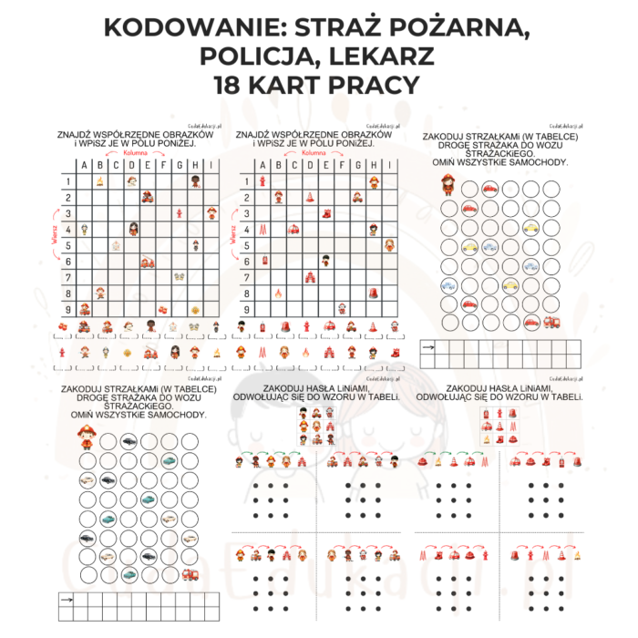 Kodowanie - 18 kart pracy: straż pożarna, policja, lekarz