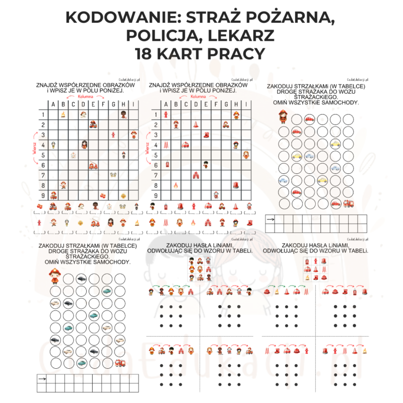 Kodowanie - 18 kart pracy: straż pożarna, policja, lekarz