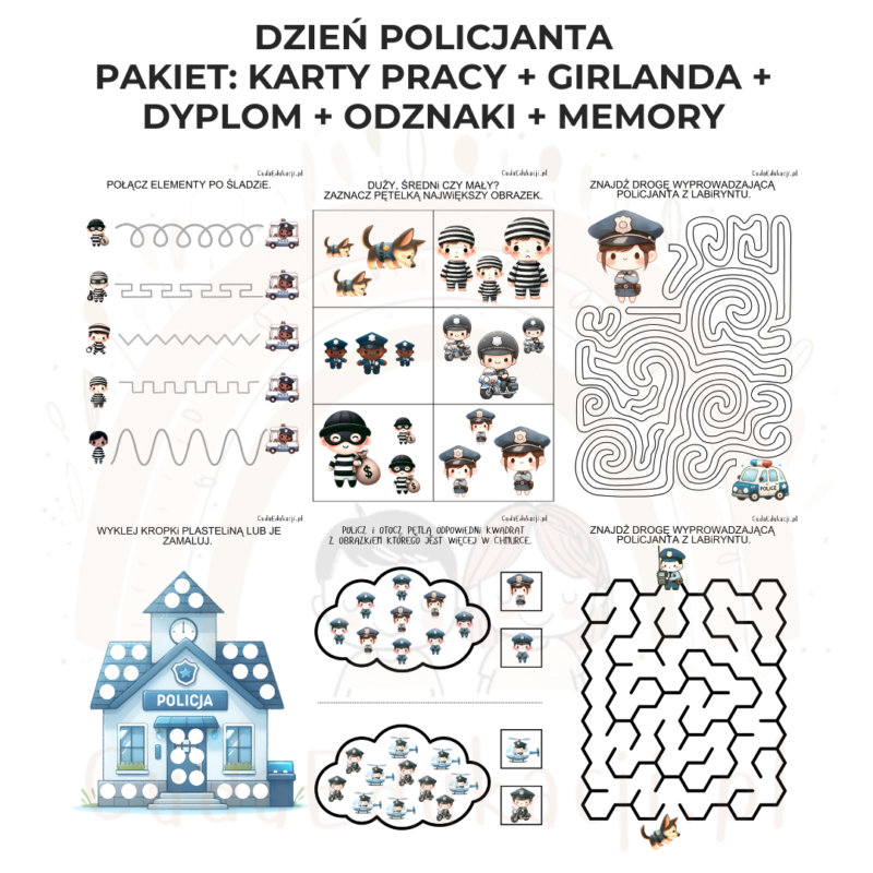 Dzień Policjanta: karty pracy, dyplom, girlanda, odznaki i memory