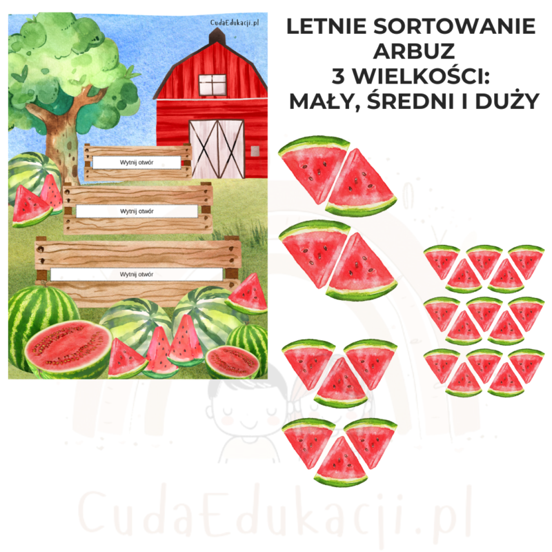 Arbuzowe letnie sortowanie: umieść arbuza w skrzynce od największego do najmniejszego