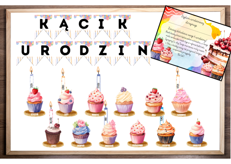 Babeczkowe urodzinki - gazetka urodzinowa z babeczkami + girlanda + dyplomy urodzinowe od 1 do 11 lat