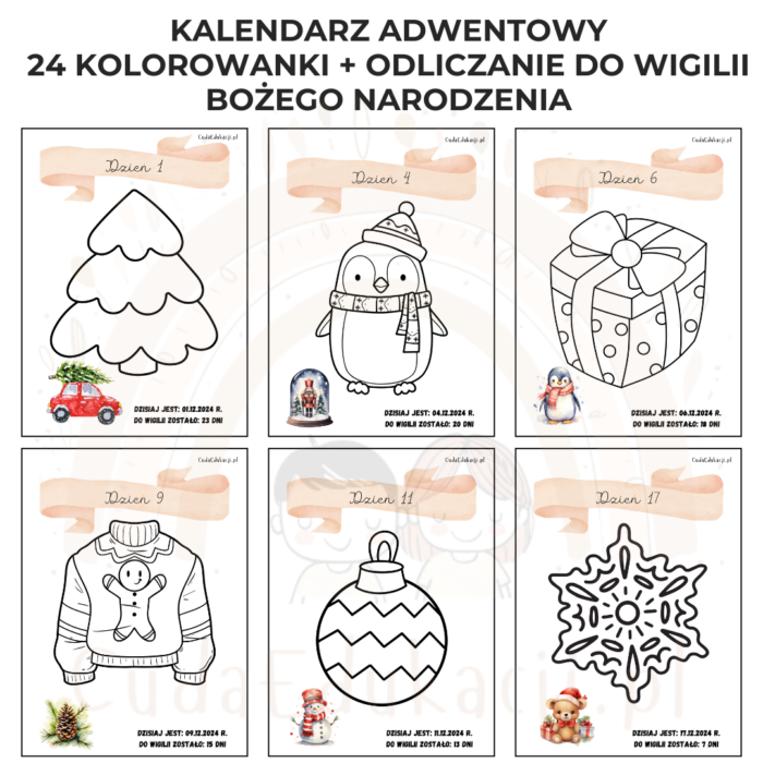 Kalendarz adwentowy z kolorowankami odliczający 24 dni do Wigilii Świąt Bożego Narodzenia