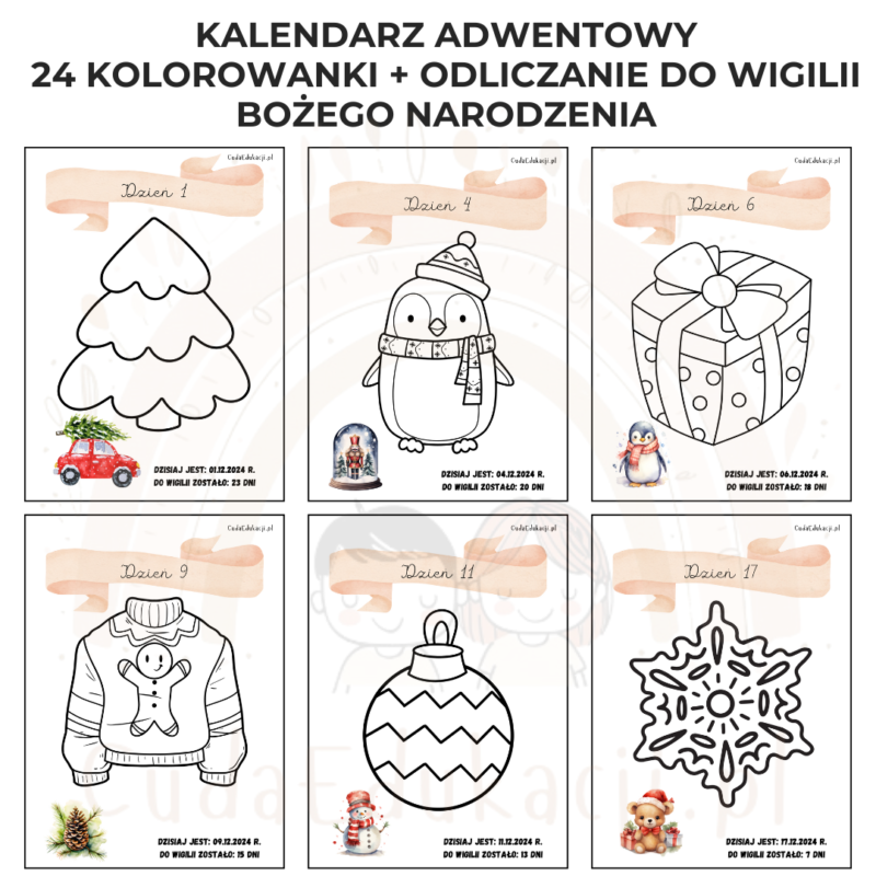 Kalendarz adwentowy z kolorowankami odliczający 24 dni do Wigilii Świąt Bożego Narodzenia