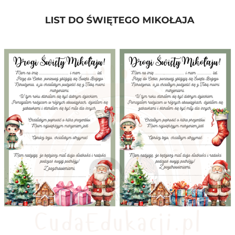 List do Świętego Mikołaja (dwie wersje od dziewczynki i od chłopaka)