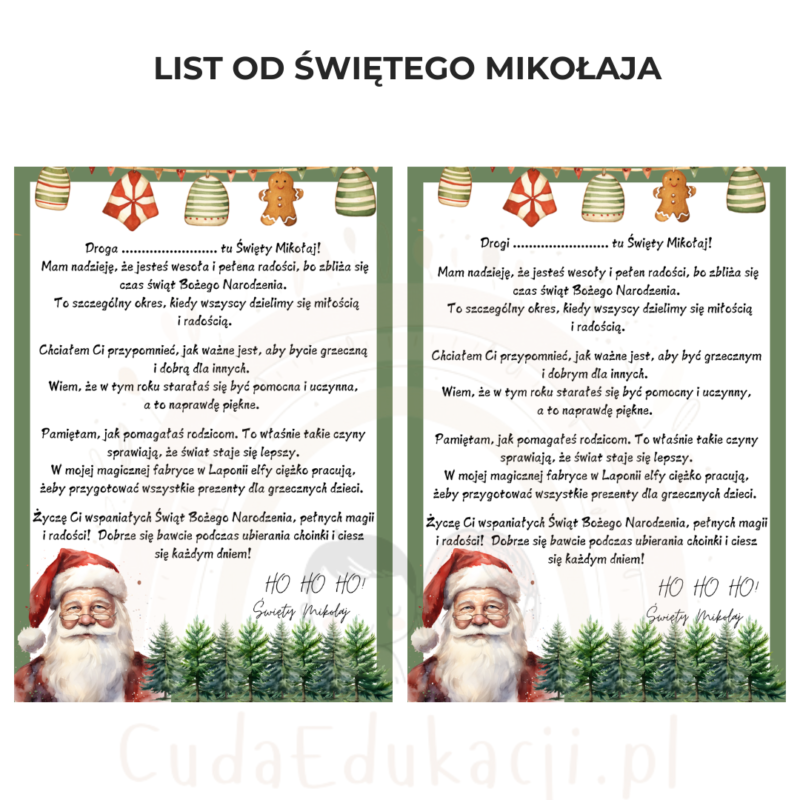 List od Świętego Mikołaja (dwie wersje do dziewczynki i od chłopaka)