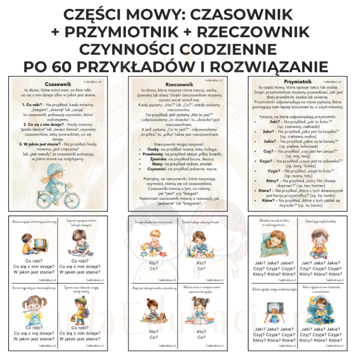 Pakiet części mowy: czasowniki, rzeczowniki i przymiotniki - fiszki edukacyjne