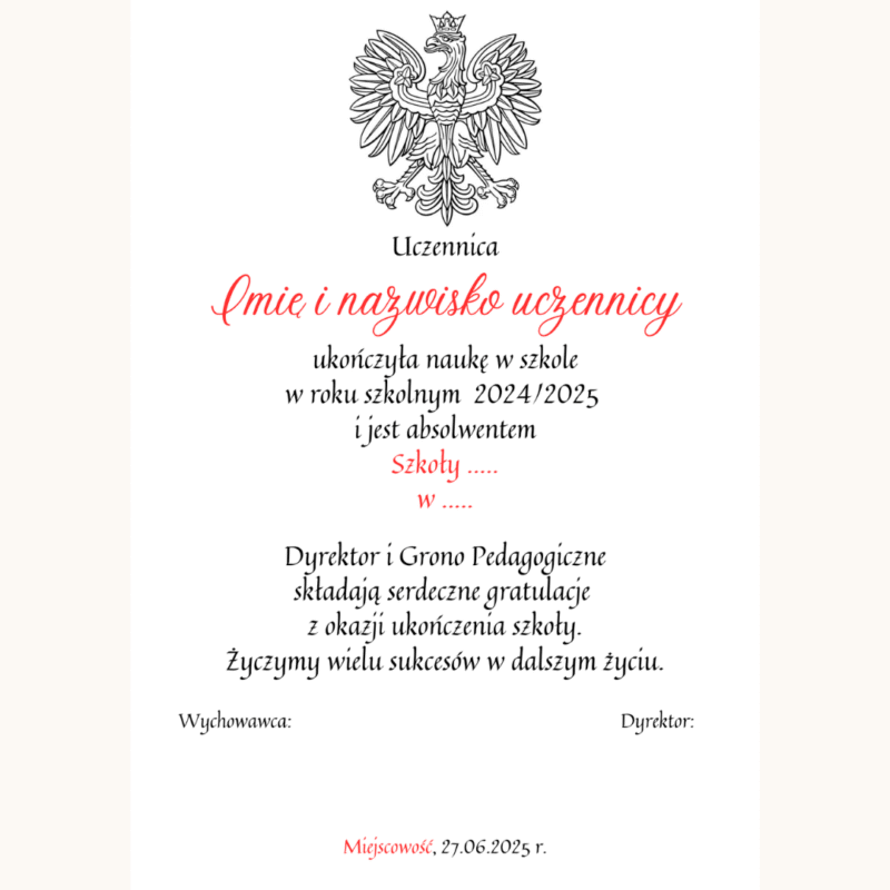 Listy gratulacyjne dla absolwentów szkoły podstawowej WZÓR 2