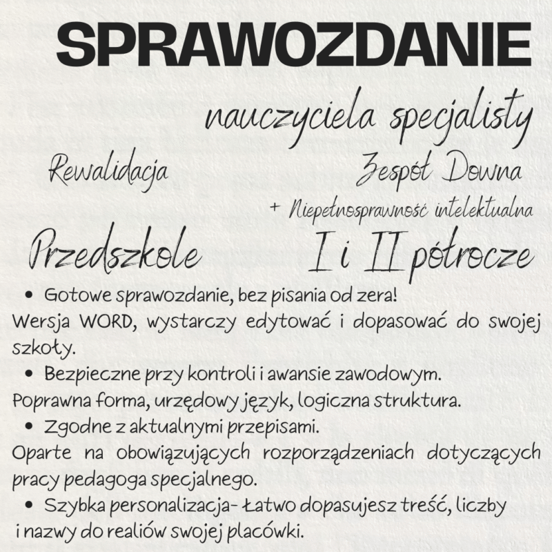 Sprawozdanie nauczyciela specjalisty – Zespół Downa + NI , Przedszkole