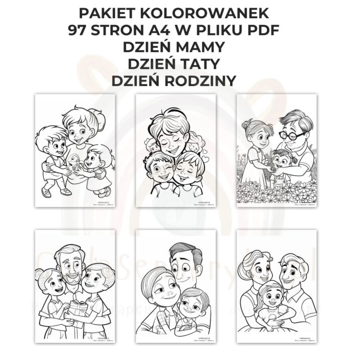 Kolorowanki Dzień Mamy, Dzień Taty, Dzień Rodziny 97 arkuszy A4 PDF - obrazek 3