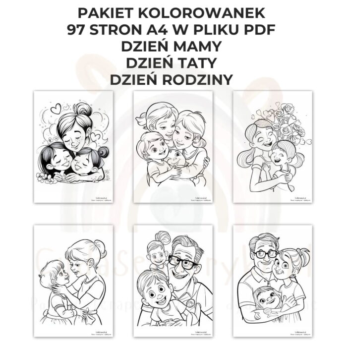 Kolorowanki Dzień Mamy, Dzień Taty, Dzień Rodziny 97 arkuszy A4 PDF - obrazek 4
