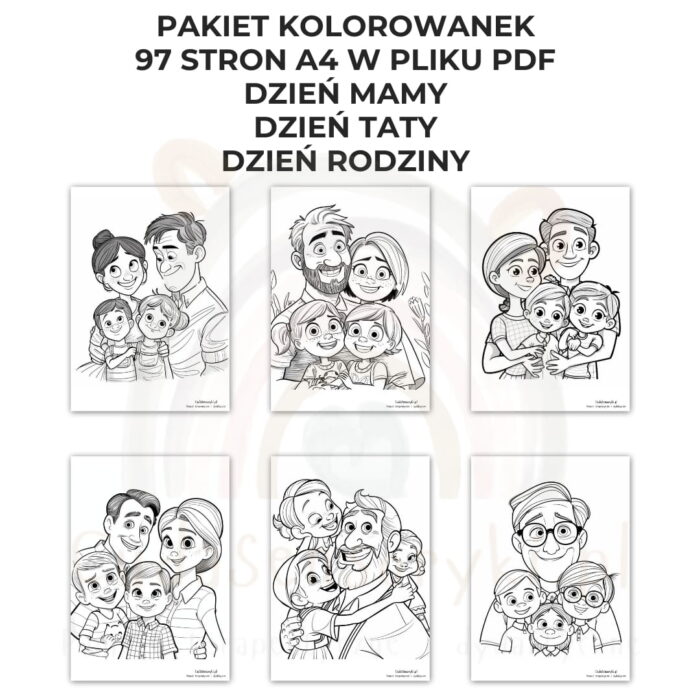 Kolorowanki Dzień Mamy, Dzień Taty, Dzień Rodziny 97 arkuszy A4 PDF - obrazek 5
