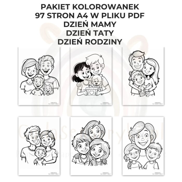 Kolorowanki Dzień Mamy, Dzień Taty, Dzień Rodziny 97 arkuszy A4 PDF - obrazek 7