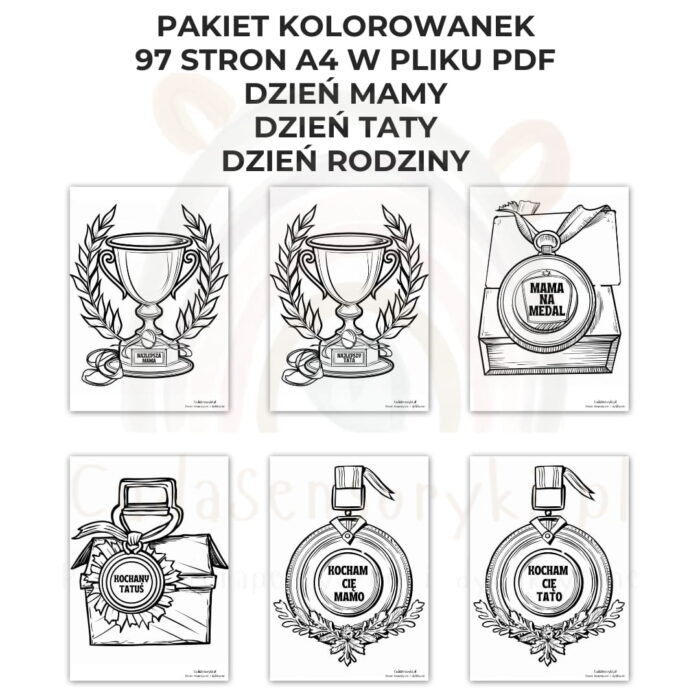 Kolorowanki Dzień Mamy, Dzień Taty, Dzień Rodziny 97 arkuszy A4 PDF - obrazek 8