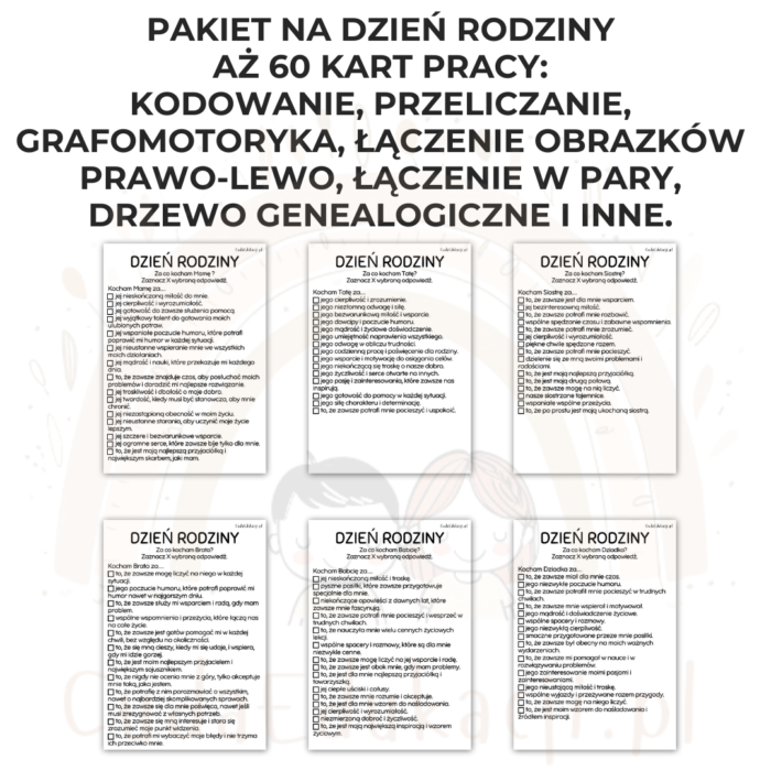 Dzień Rodziny PDF: Karty pracy, zestawy ćwiczeń, kostka do gry, puzzle, dopasowywanie, liczenie, łączenie - obrazek 3