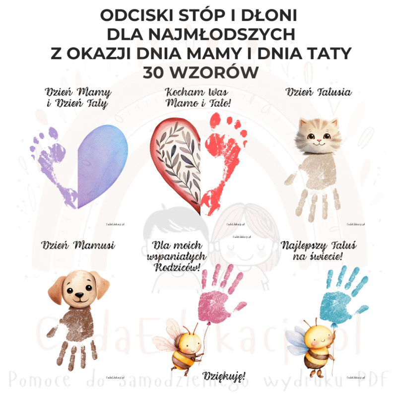 Laurka na Dzień Mamy i Dzień Taty - odciski stóp i dłoni 30 wzorów