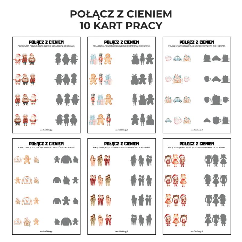 Połącz z cieniem - 10 świątecznych kart pracy PDF