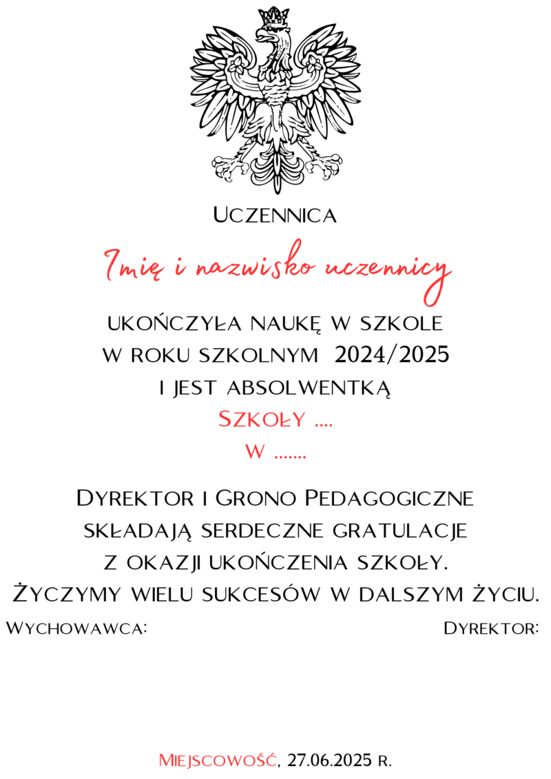 Listy gratulacyjne dla absolwentów szkoły podstawowej WZÓR 1