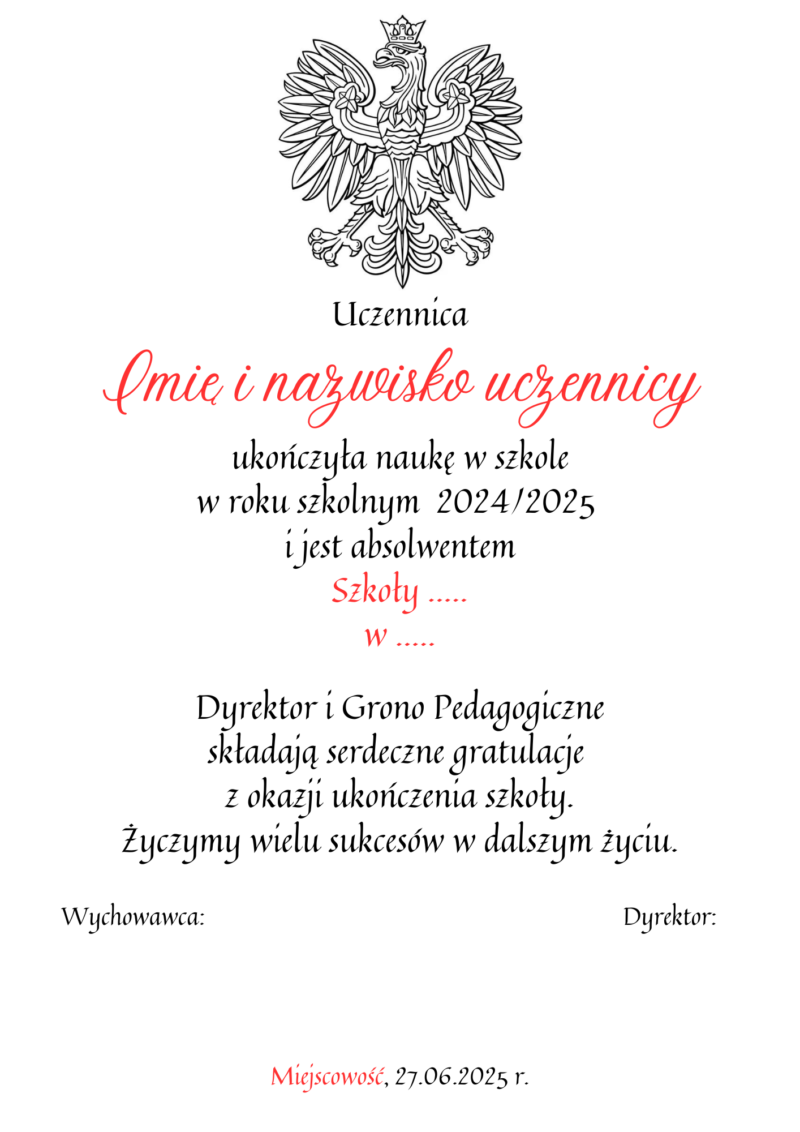 Listy gratulacyjne dla absolwentów szkoły podstawowej WZÓR 2