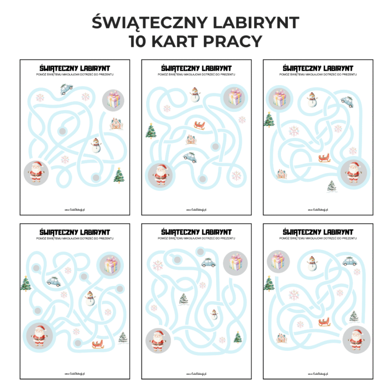 Świąteczny Labirynt – zestaw 10 kart pracy PDF