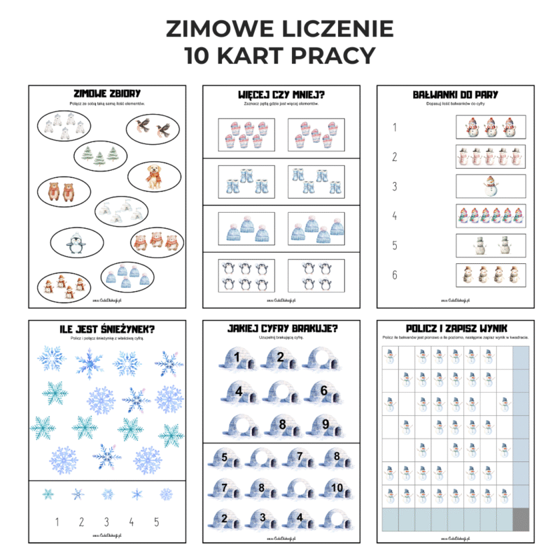 Zimowe liczenie – zestaw 10 kart pracy PDF